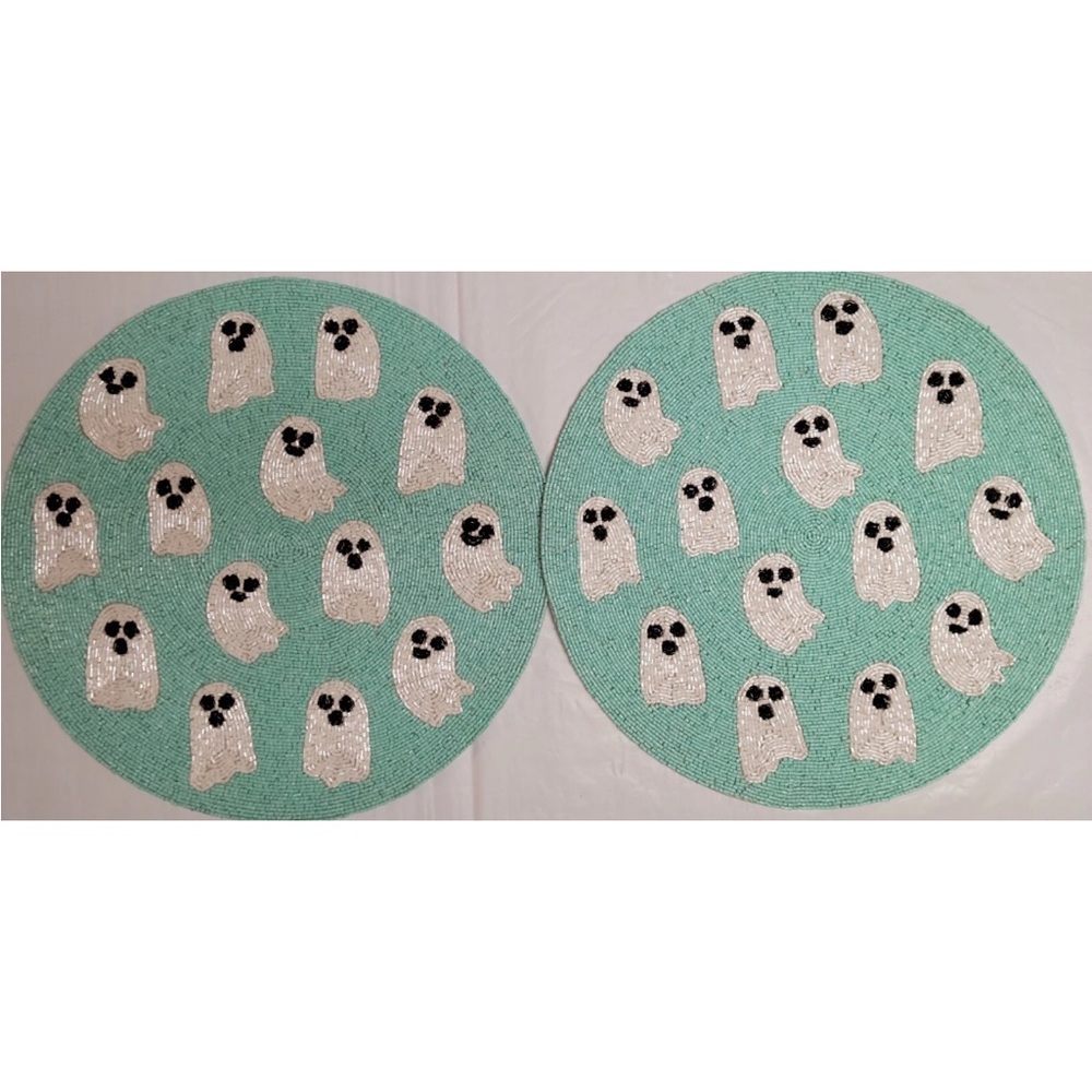 2x Nicole Miller Halloween Ghosts Beaded Placemat Centerpiece Charger 15" Pacman
